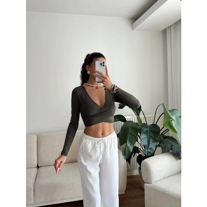 Kruvaze Yaka Crop - HAKİ