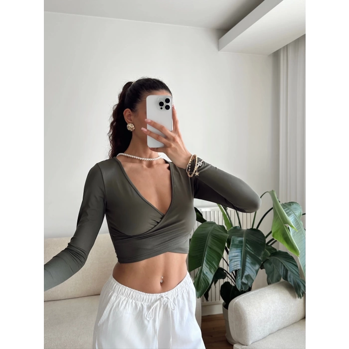 Kruvaze Yaka Crop - HAKİ
