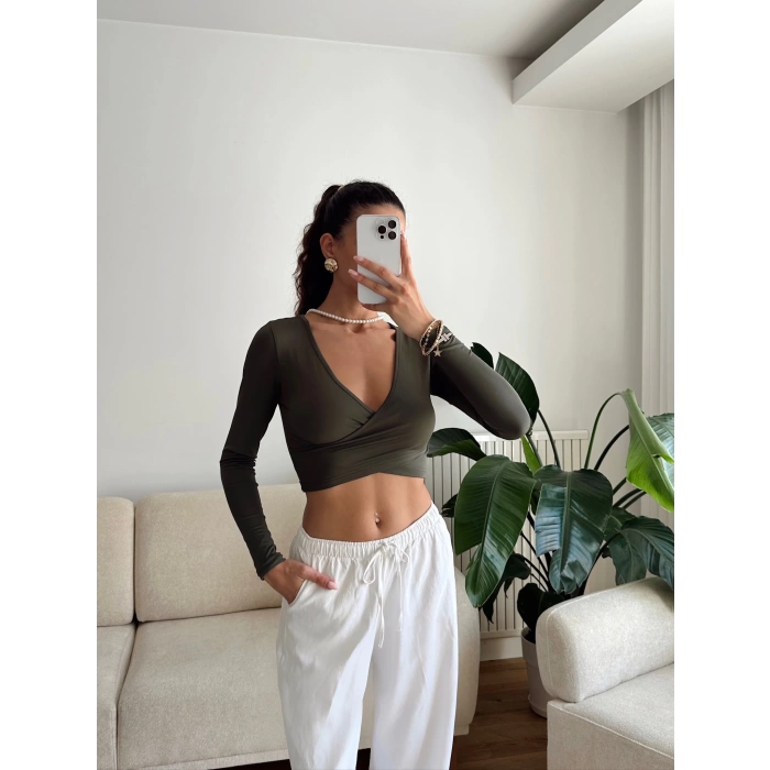 Kruvaze Yaka Crop - HAKİ