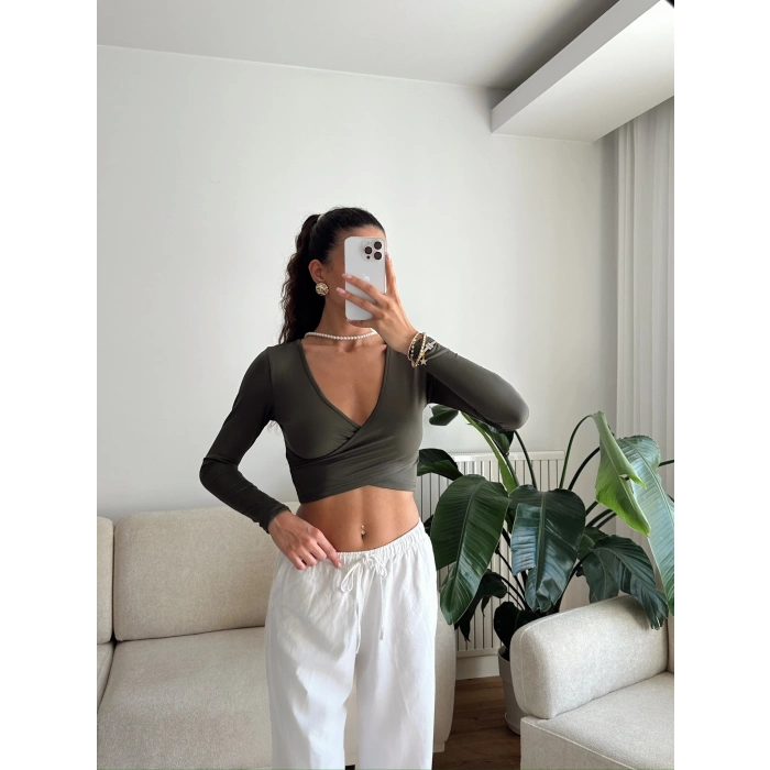 Kruvaze Yaka Crop - HAKİ