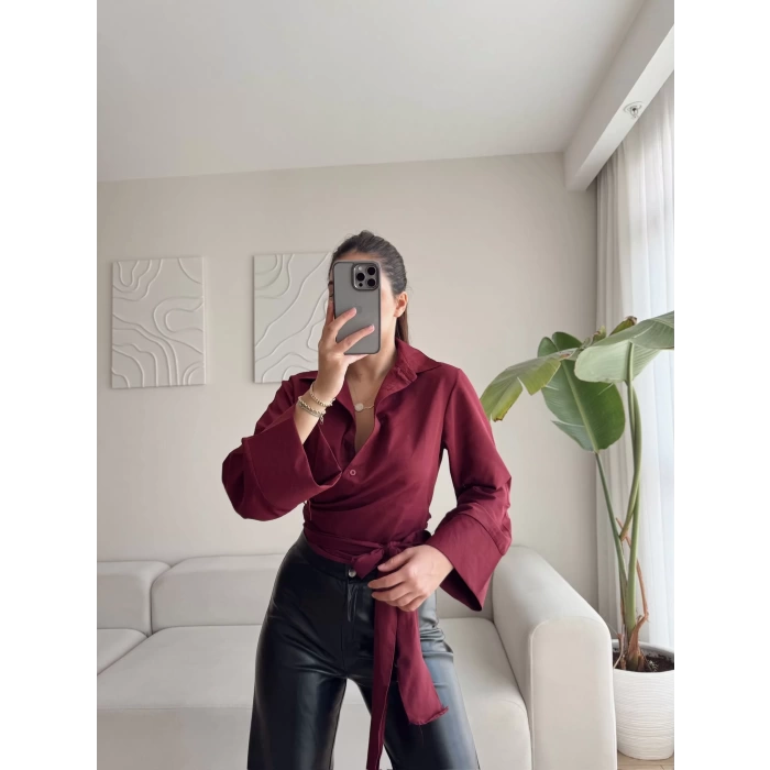Kruvaze Yaka Kuşaklı Gömlek - BORDO