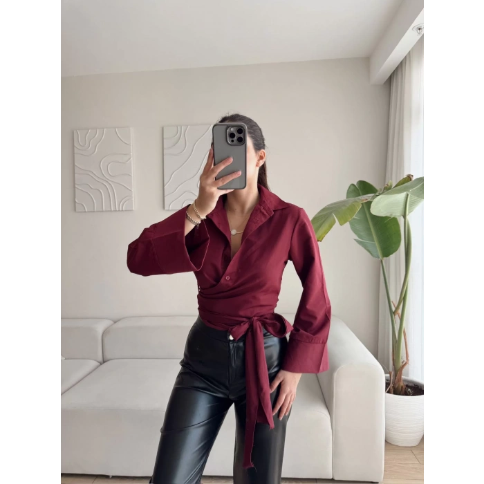 Kruvaze Yaka Kuşaklı Gömlek - BORDO