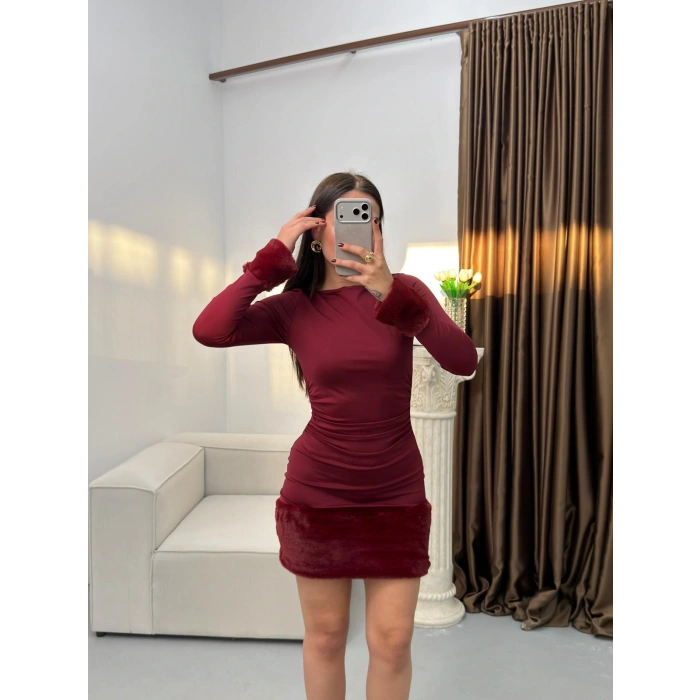Kürk Detay Elbise - BORDO