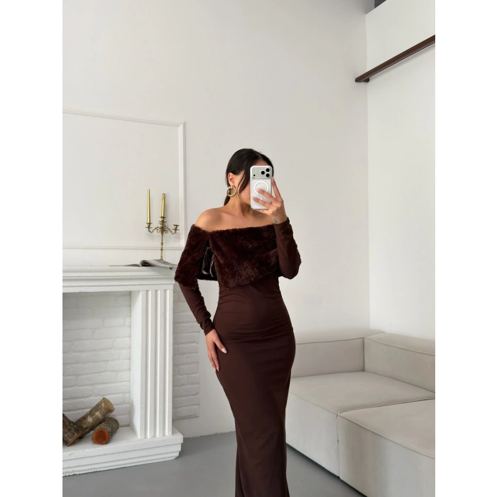 Kürklü Madonna Elbise - KAHVE