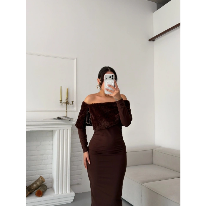 Kürklü Madonna Elbise - KAHVE