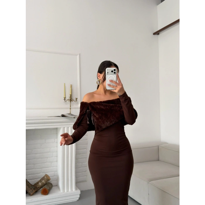 Kürklü Madonna Elbise - KAHVE