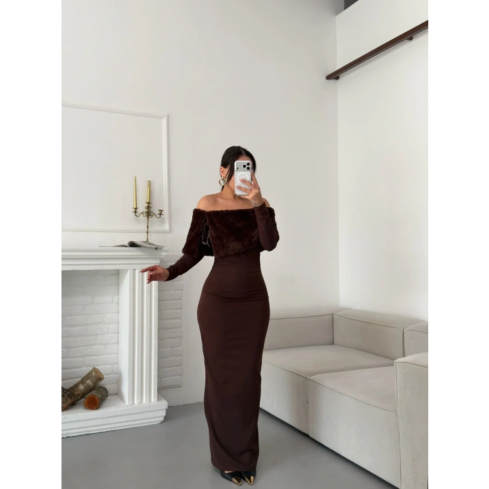 Kürklü Madonna Elbise - KAHVE