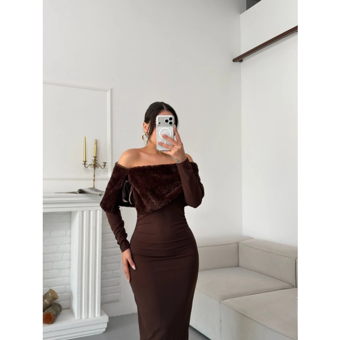 Kürklü Madonna Elbise - KAHVE