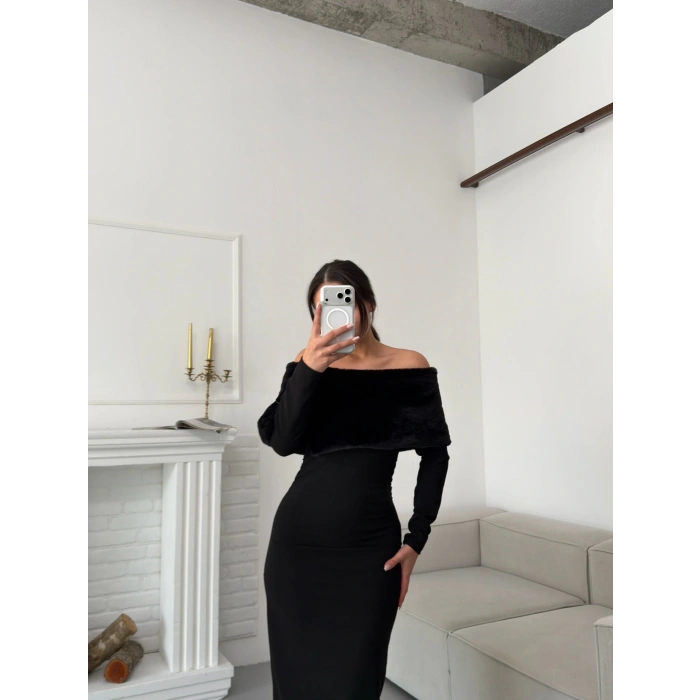 Kürklü Madonna Elbise - SİYAH