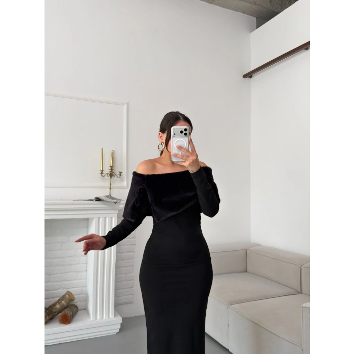 Kürklü Madonna Elbise - SİYAH