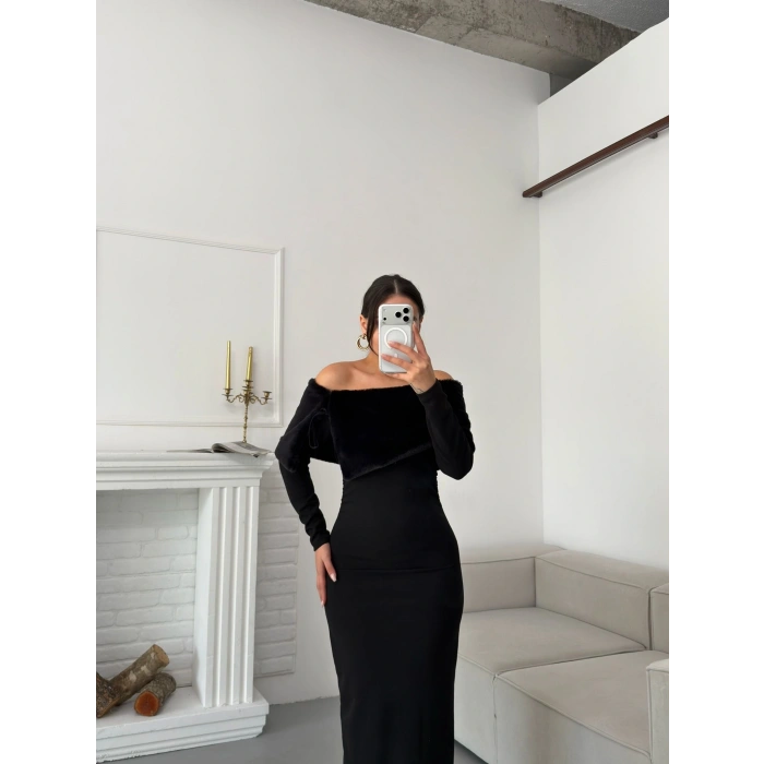 Kürklü Madonna Elbise - SİYAH