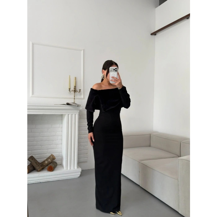 Kürklü Madonna Elbise - SİYAH