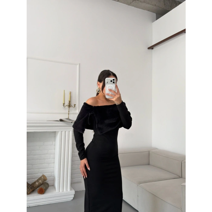 Kürklü Madonna Elbise - SİYAH