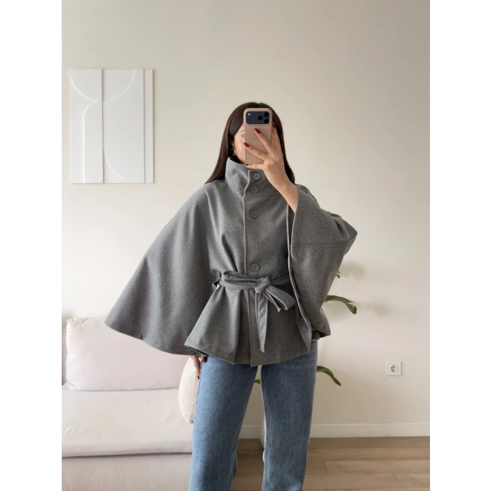 Kuşaklı Düğmeli Oversize Panço - ANTRASİT