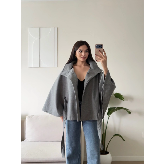 Kuşaklı Düğmeli Oversize Panço - ANTRASİT