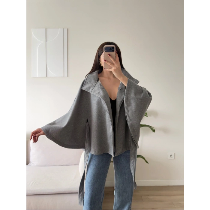 Kuşaklı Düğmeli Oversize Panço - ANTRASİT