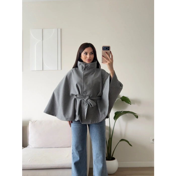 Kuşaklı Düğmeli Oversize Panço - ANTRASİT