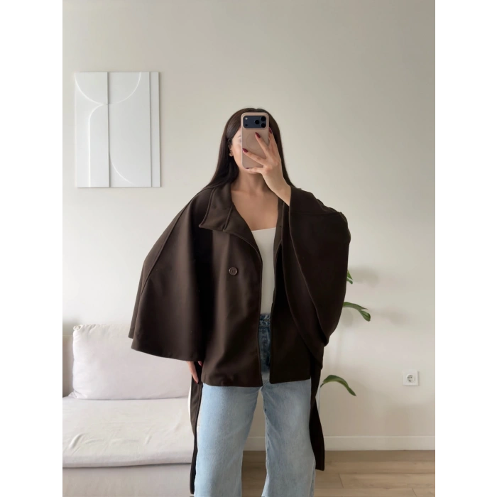 Kuşaklı Düğmeli Oversize Panço - KAHVE