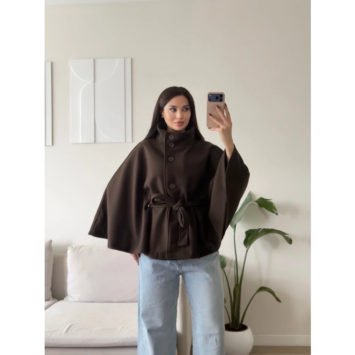 Kuşaklı Düğmeli Oversize Panço - KAHVE