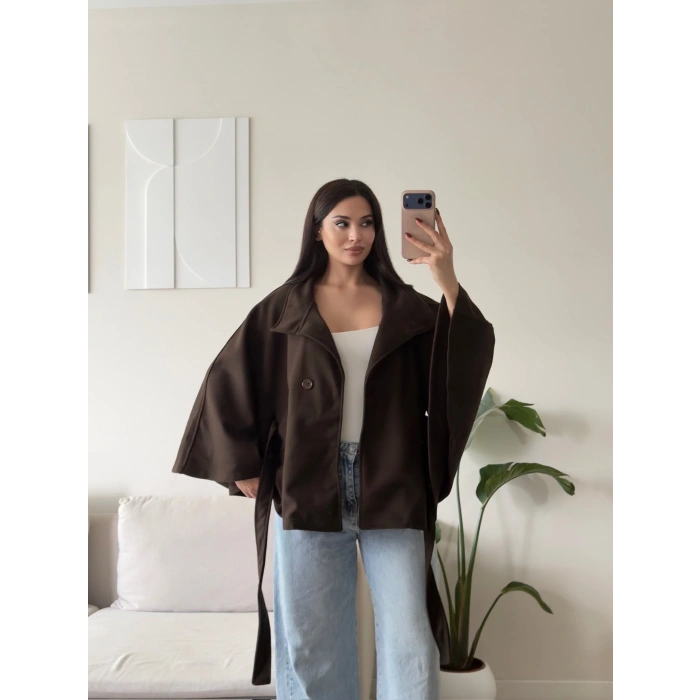 Kuşaklı Düğmeli Oversize Panço - KAHVE