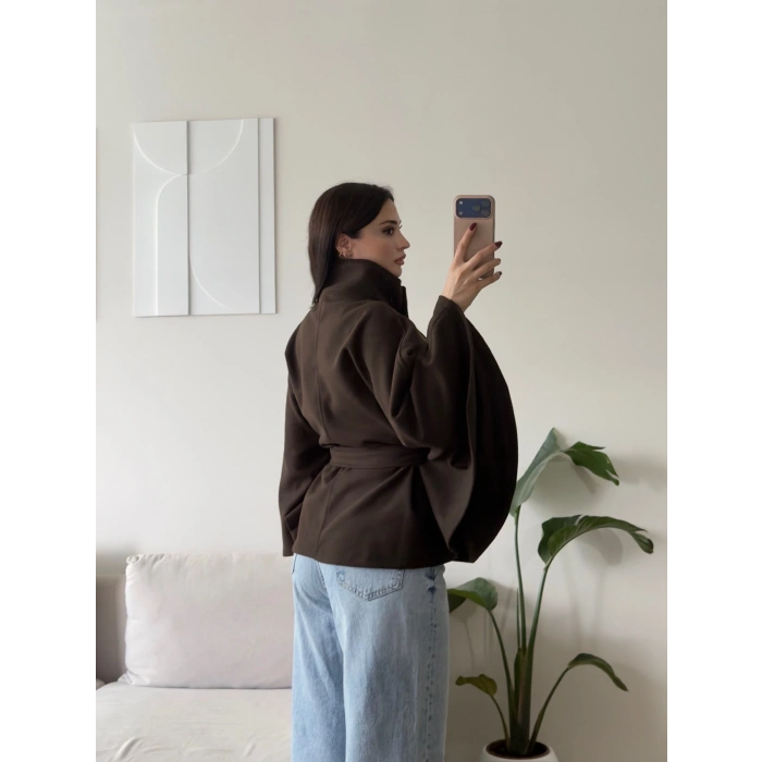 Kuşaklı Düğmeli Oversize Panço - KAHVE