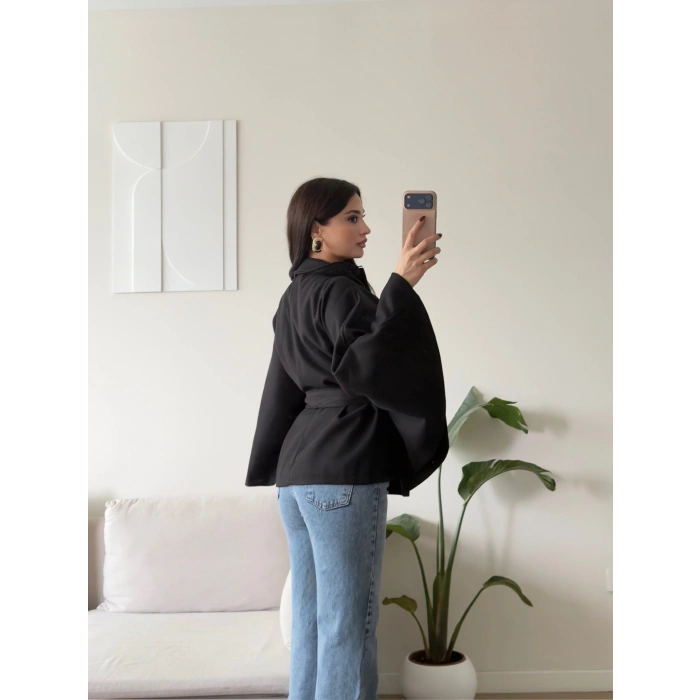 Kuşaklı Düğmeli Oversize Panço - SİYAH