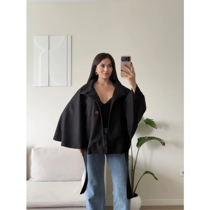 Kuşaklı Düğmeli Oversize Panço - SİYAH