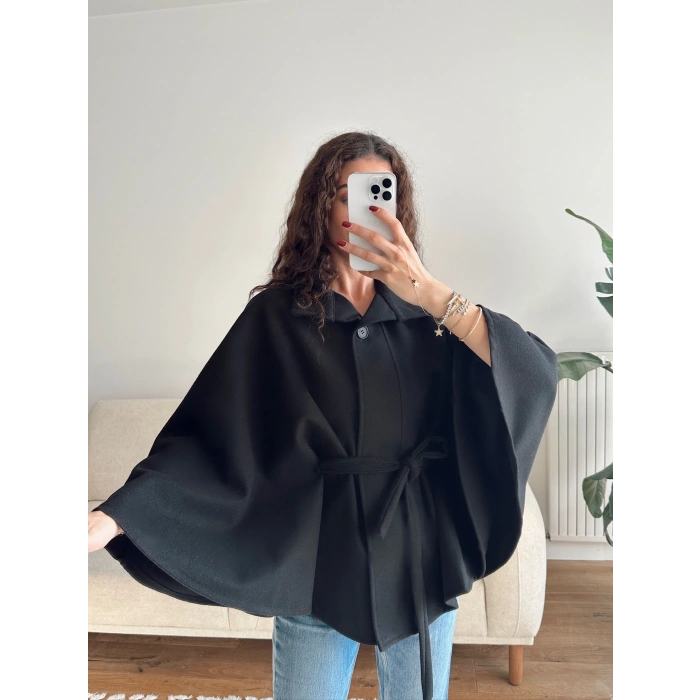 Kuşaklı Kaşe Panço - SİYAH