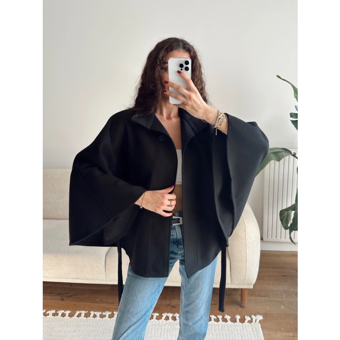 Kuşaklı Kaşe Panço - SİYAH