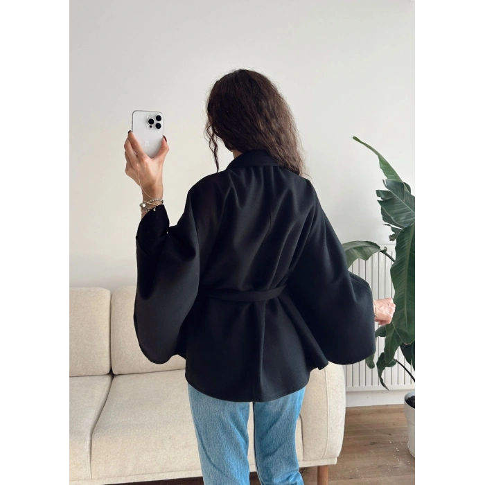 Kuşaklı Kaşe Panço - SİYAH