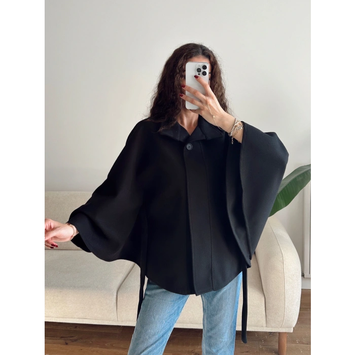 Kuşaklı Kaşe Panço - SİYAH