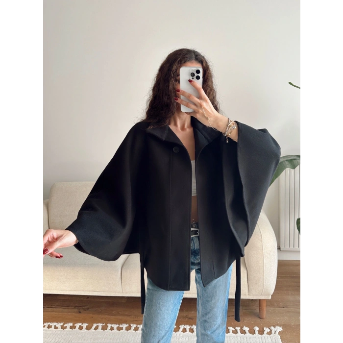 Kuşaklı Kaşe Panço - SİYAH