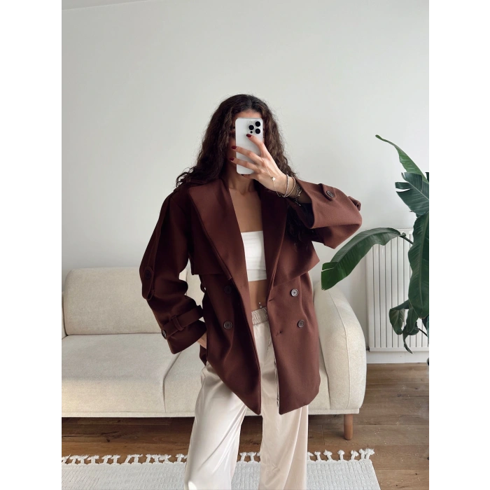 Kuşaklı Kaşe Trençkot - KAHVE