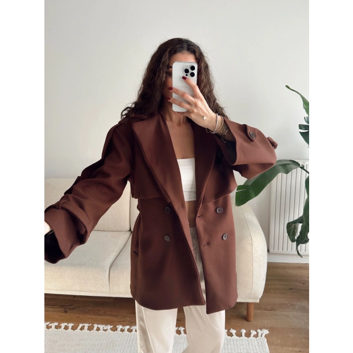 Kuşaklı Kaşe Trençkot - KAHVE