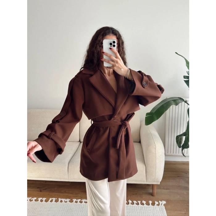 Kuşaklı Kaşe Trençkot - KAHVE