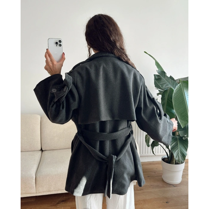 Kuşaklı Kaşe Trençkot - ANTRASİT