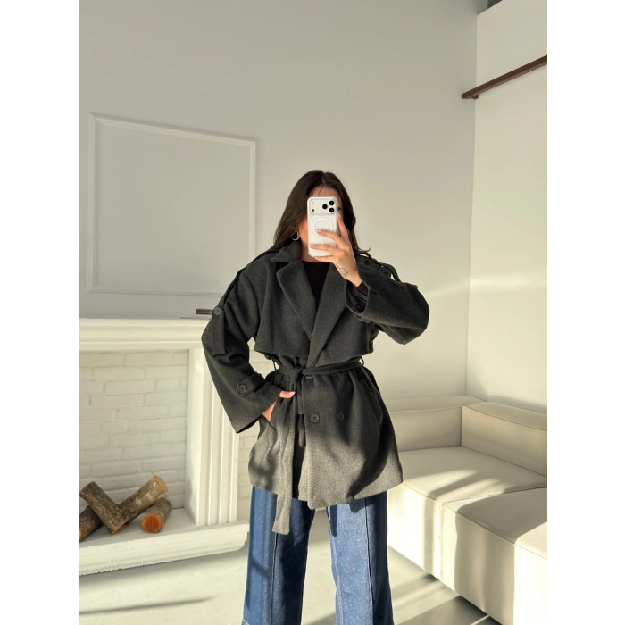 Kuşaklı Kaşe Trençkot - ANTRASİT