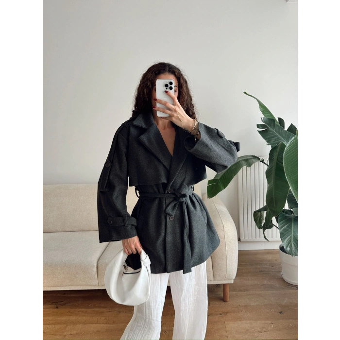 Kuşaklı Kaşe Trençkot - ANTRASİT