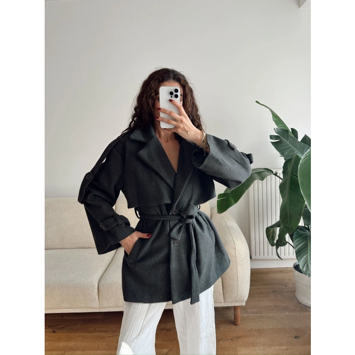 Kuşaklı Kaşe Trençkot - ANTRASİT