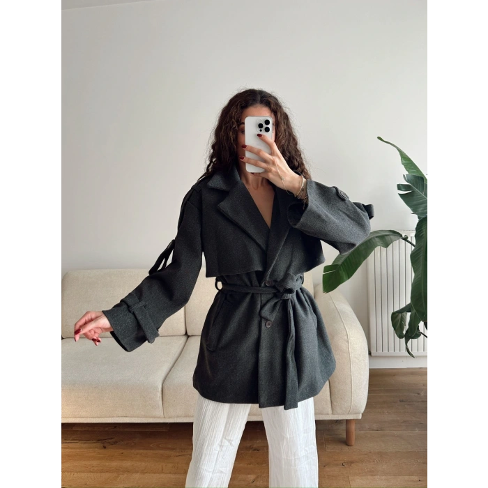 Kuşaklı Kaşe Trençkot - ANTRASİT