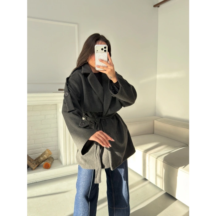 Kuşaklı Kaşe Trençkot - ANTRASİT