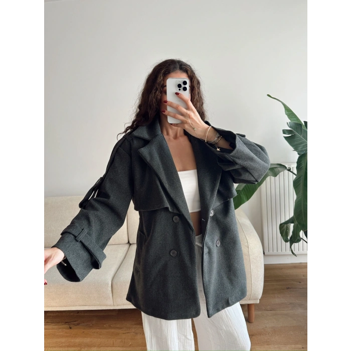 Kuşaklı Kaşe Trençkot - ANTRASİT