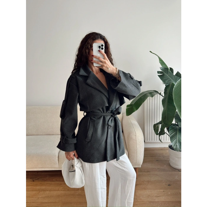 Kuşaklı Kaşe Trençkot - ANTRASİT
