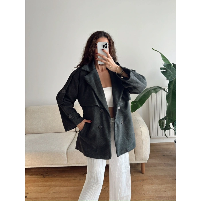 Kuşaklı Kaşe Trençkot - ANTRASİT