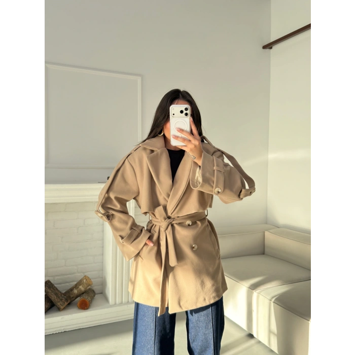 Kuşaklı Kaşe Trençkot - BEJ