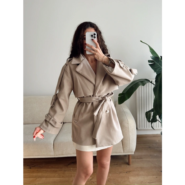 Kuşaklı Kaşe Trençkot - BEJ