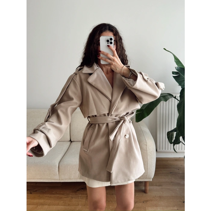 Kuşaklı Kaşe Trençkot - BEJ