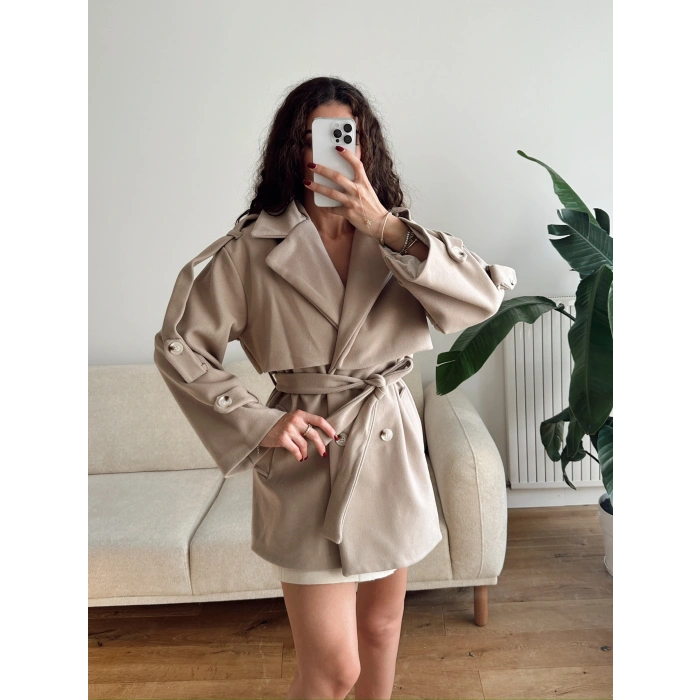 Kuşaklı Kaşe Trençkot - BEJ