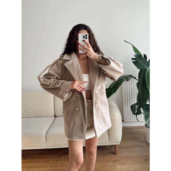 Kuşaklı Kaşe Trençkot - BEJ