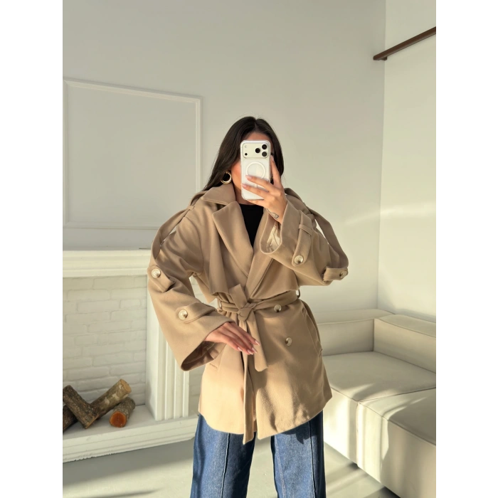 Kuşaklı Kaşe Trençkot - BEJ